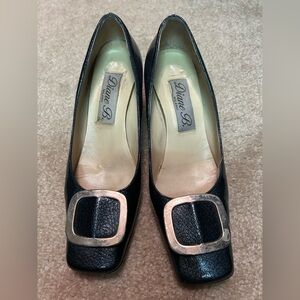 Navy Leather Women's Shoes with Buckle Embellishment